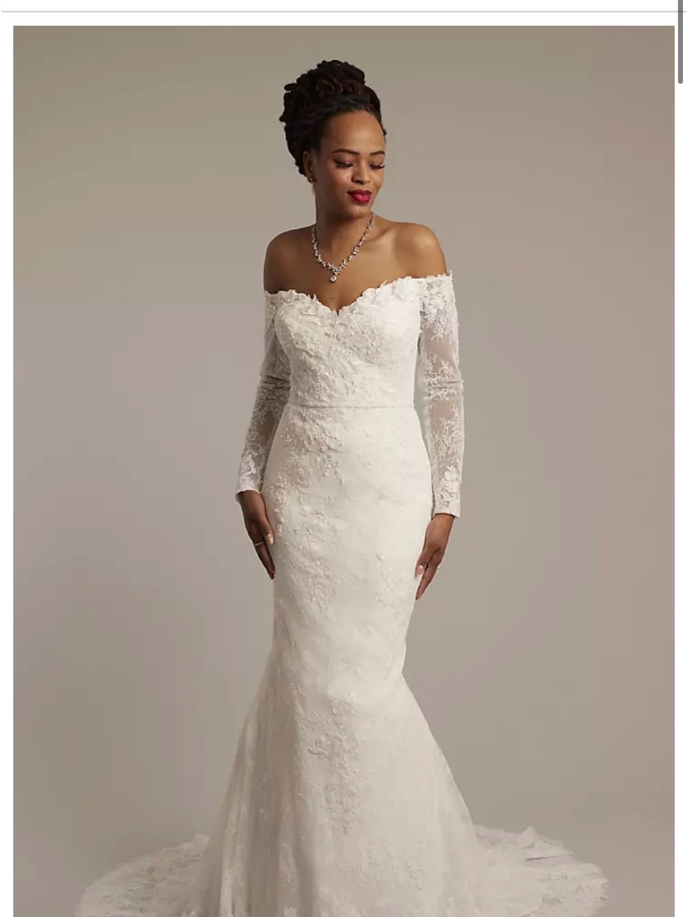 David's Bridal Off-the-Shoulder Lace Long-Sleeve Wedding Gown in White